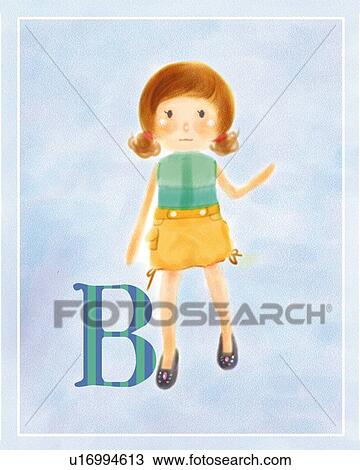 Drawing - B-blood-type woman, front view, blue background. Fotosearch