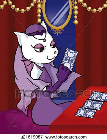 Stock Illustration - Cat reading a tarot card, side view. Fotosearch