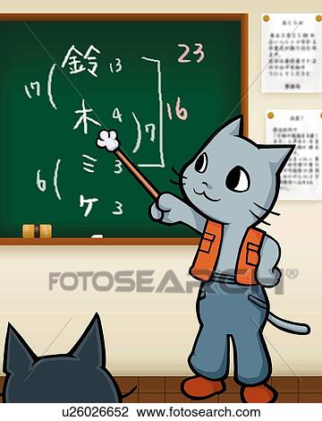 Drawing - Cat teaching in class, front view, rear view. Fotosearch