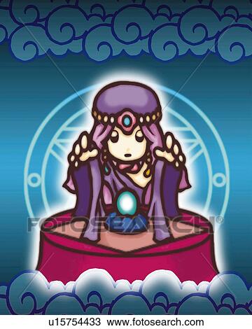 Drawing - Fortune teller and crystal ball, front view. Fotosearch