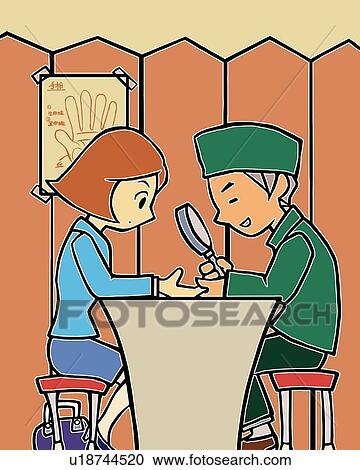 Clipart - Fortune teller reading palm of woman, side view. Fotosearch