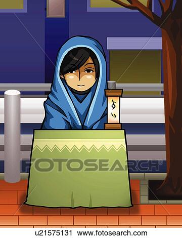 Clip Art - Fortune teller sitting on the street, front view. Fotosearch