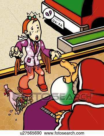 Clipart - Fortune teller talking to a man with broken heart, front view, rear view. Fotosearch