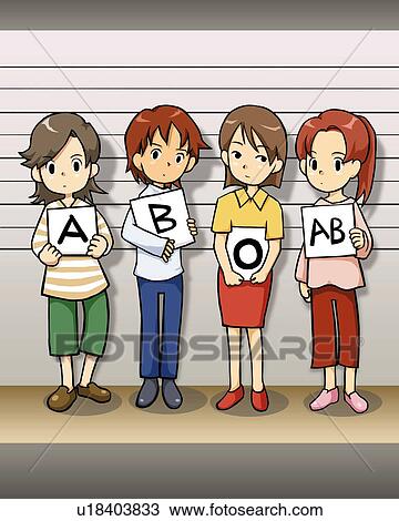 Four woman standing side by side, holding papers written their blood type, front view View Large Illustration Drawing - Four woman standing side by side, holding papers written their blood type, front view. Fotosearch
