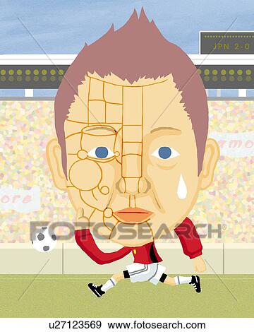 Stock Illustration - Man with physiognomy lines playing soccer, side view. Fotosearch