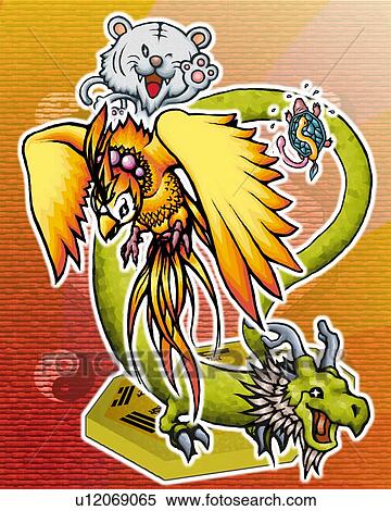 Turtle, dragon, red Chinese phoenix, and tiger, front view, side view, rear view View Large Illustration Stock Illustration - Turtle, dragon, red Chinese phoenix, and tiger, front view, side view, rear view. Fotosearch