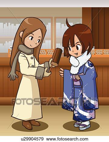 Stock Illustration - Two women taking an oracle stick, one in Kimono, side view. Fotosearch