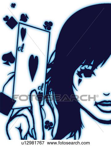 Stock Illustration - Woman holding a card, ace of hearts, front view, white background. Fotosearch