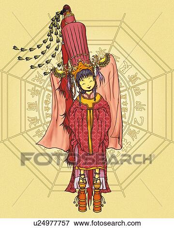 Woman in Chinese clothes and image of Chinese compass, front view, orange background View Large Illustration Stock Illustration - Woman in Chinese clothes and image of Chinese compass, front view, orange background. Fotosearch
