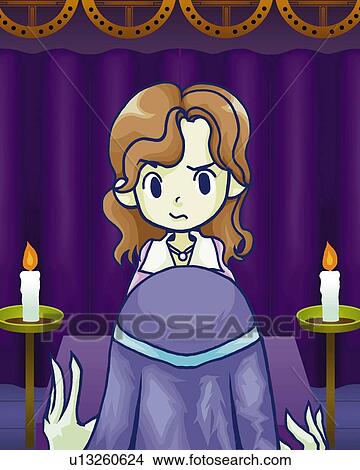 Stock Illustration - Woman listening the fortune, front view, rear view. Fotosearch