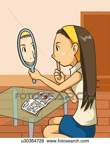 Woman looking at a mirror, side view View Large Illustration Stock Illustration - Woman looking at a mirror, side view. Fotosearch