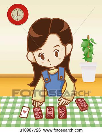 Stock Illustration - Woman playing cards on table, ace of hearts, front view. Fotosearch