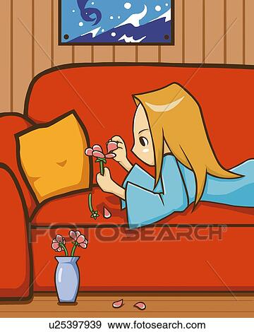 Woman pulling petals off a flower, lying on couch, side view View Large Illustration Stock Illustration - Woman pulling petals off a flower, lying on couch, side view. Fotosearch