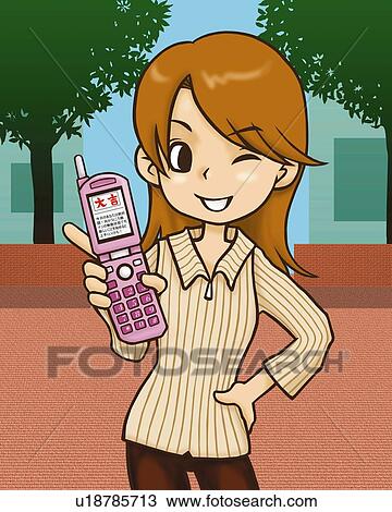 Drawing - Woman winking and holding a mobile phone, front view. Fotosearch