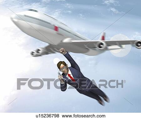 Aiplane and businessman flying, CG, 3D, Illustration, Low Angle View, Lens Flare View Large Illustration Stock Illustration - Aiplane and businessman flying, CG, 3D, Illustration, Low Angle View, Lens Flare. Fotosearch
