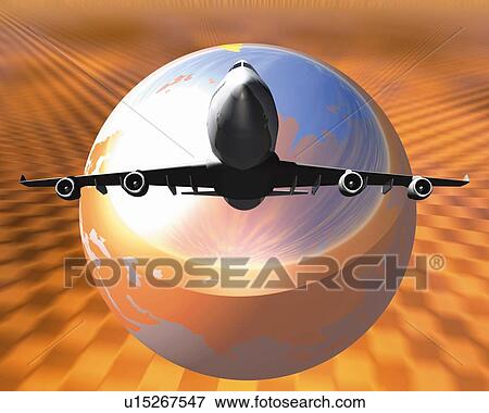 Airplane and Globe, CG, 3D, Illustration, Close Up View Large Illustration Stock Illustration - Airplane and Globe, CG, 3D, Illustration, Close Up. Fotosearch