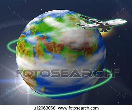 Airplane flying around the Earth, CG, 3D, Illustration, Lens Flare View Large Illustration Stock Illustration - Airplane flying around the Earth, CG, 3D, Illustration, Lens Flare. Fotosearch