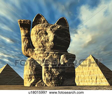 Stock Illustration - Beckoning Cat with Pyramids, CG, 3D, Illustration, Low Angle View. Fotosearch