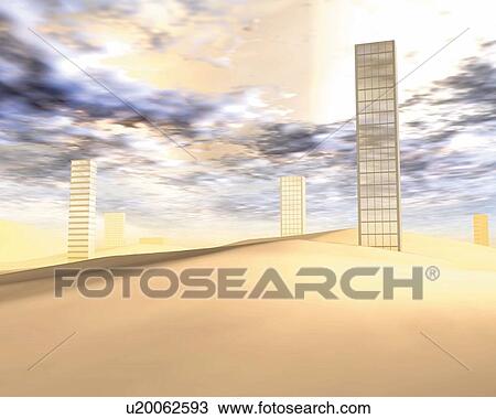 Drawing - Buildings in desert, CG, 3D, Illustration, Low Angle View. Fotosearch