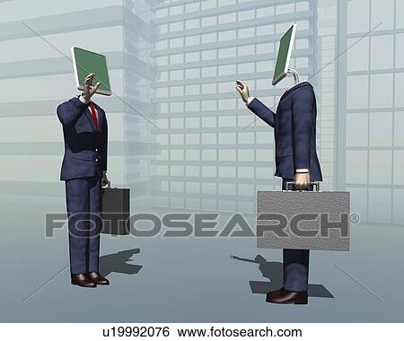 Stock Illustration - Busenessmen with Computer Monitor Heads, CG, 3D, Illustration. Fotosearch