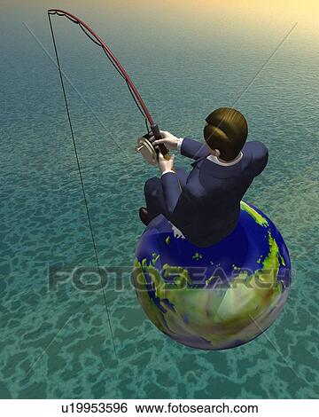 Stock Illustration - Businessman fishing on globe, CG, 3D, Illustration, High Angle View, Rear View. Fotosearch