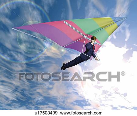 Businessman hang gliding, CG, 3D, Illustration, Low Angle View, Lens Flare View Large Illustration Stock Illustration - Businessman hang gliding, CG, 3D, Illustration, Low Angle View, Lens Flare. Fotosearch
