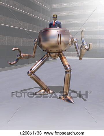 Drawing - Businessman on a robot, CG, 3D, Illustration, Low Angle View. Fotosearch