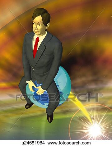 Stock Illustration - Businessman sitting on globe, CG, 3D, Illustration, High Angle View, Lens Flare. Fotosearch