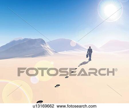 Businessman walking in desert, CG, 3D, Illustration, Lens Flare View Large Illustration Drawing - Businessman walking in desert, CG, 3D, Illustration, Lens Flare. Fotosearch