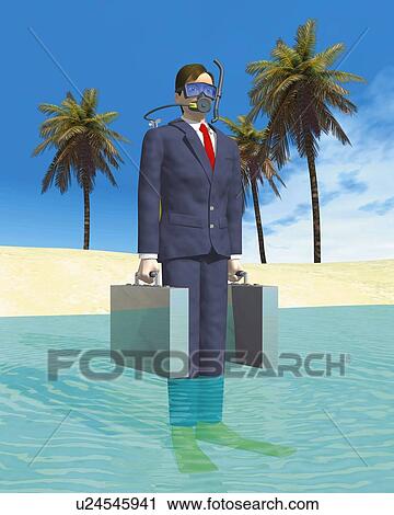Clip Art - Businessman with snorkel, CG, 3D, Illustration, Low Angle View. Fotosearch