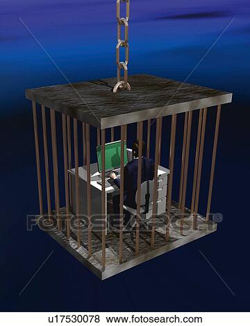 Stock Illustration - Businessman working in a cage, CG, 3D, Illustration, Rear View, High Angle View. Fotosearch