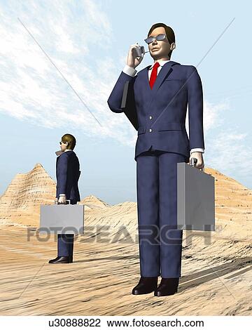 Drawing - Businessmen talking on mobile phones in wilderness, CG, 3D, Illustration, Low Angle View. Fotosearch