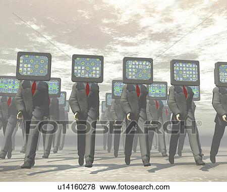 Stock Illustration - Businessmen with computer monitor heads, CG, 3D, Illustration, Low Angle View. Fotosearch