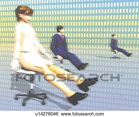 Stock Illustration - Businesspeople on chairs sliding, CG, 3D, Illustration, Side View. Fotosearch
