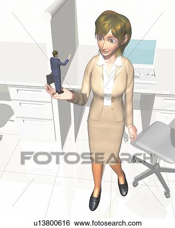 Stock Illustration - Businesswoman holding a businessman on palm, CG, 3D, Illustration, High Angle View. Fotosearch
