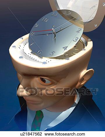 Clock inside man's head, CG, 3D, Illustration, High Angle View View Large Illustration Drawing - Clock inside man's head, CG, 3D, Illustration, High Angle View. Fotosearch