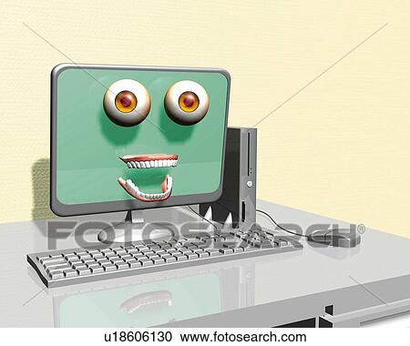 Computer with funny face, CG, 3D, Illustration, Close Up View Large Illustration Clipart - Computer with funny face, CG, 3D, Illustration, Close Up. Fotosearch