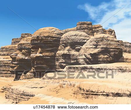 Face sculptures on rock mountain, CG, 3D, Illustration View Large Illustration Stock Illustration - Face sculptures on rock mountain, CG, 3D, Illustration. Fotosearch