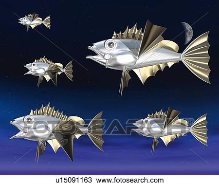 Fish Like Robots, CG, 3D, Illustration, Close Up View Large Illustration Drawing - Fish Like Robots, CG, 3D, Illustration, Close Up. Fotosearch
