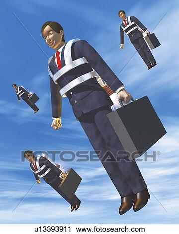 Clip Art - Flying businessmen, CG, 3D, Illustration, Low Angle View. Fotosearch