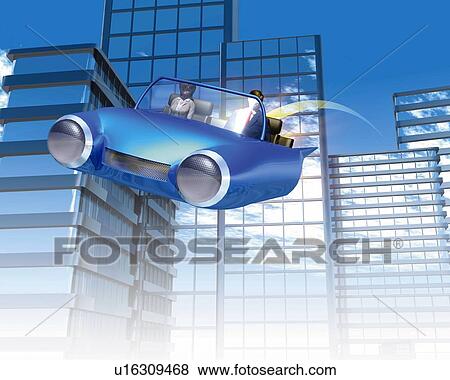 Flying Car, CG, 3D, Illustration, Low Angle View View Large Illustration Stock Illustration - Flying Car, CG, 3D, Illustration, Low Angle View. Fotosearch