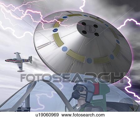 Flying Saucer and Air Force Planes, CG, 3D, Illustration, Low Angle View View Large Illustration Stock Illustration - Flying Saucer and Air Force Planes, CG, 3D, Illustration, Low Angle View. Fotosearch