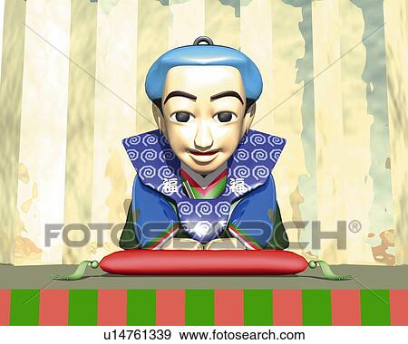 Stock Illustration - Fukusuke Japanese Doll, CG, 3D, Illustration, Close Up. Fotosearch