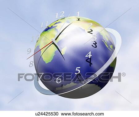 Clipart - Globe and Clock, CG, 3D, Illustration, Low Angle View. Fotosearch