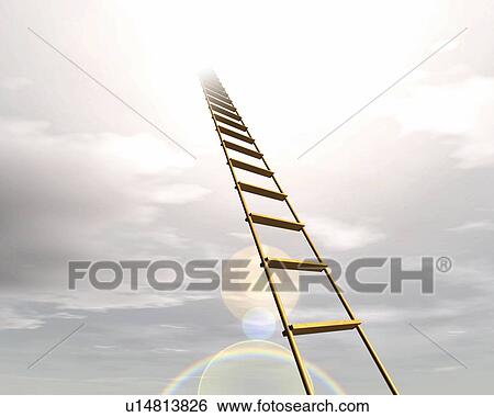 Stock Illustration - Ladder reaching the sky, CG, 3D, Illustration, Low Angle View, Lens Flare. Fotosearch