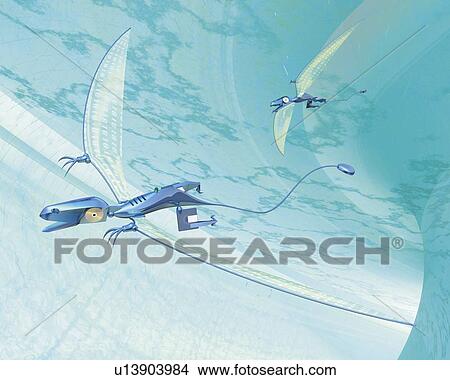 Stock Illustration - Lizard Like Robots, CG, 3D, Illustration, Low Angle View. Fotosearch