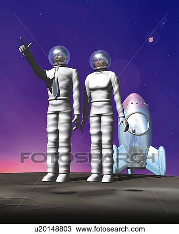 Man and woman in space suits, CG, 3D, Illustration, Low Angle View View Large Illustration Drawing - Man and woman in space suits, CG, 3D, Illustration, Low Angle View. Fotosearch