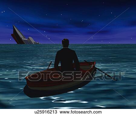 Drawing - Man evacuated from a sinking ship, CG, 3D, Illustration, Rear View. Fotosearch