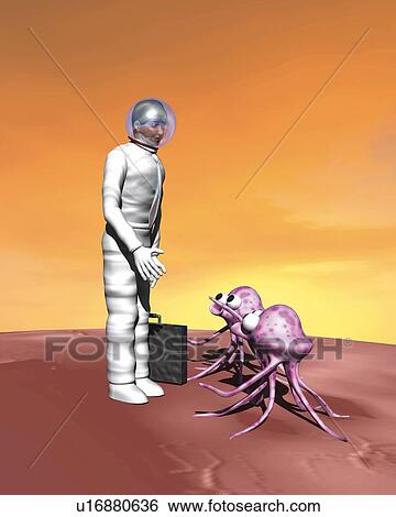 Stock Illustration - Man in space suit and aliens, CG, 3D, Illustration, Side View. Fotosearch