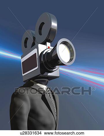 Stock Illustration - Man with video camera head, CG, 3D, Illustration, Side View. Fotosearch